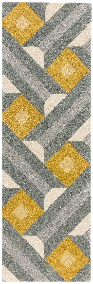 multicolour geometric runner in mustard yellow and grey
