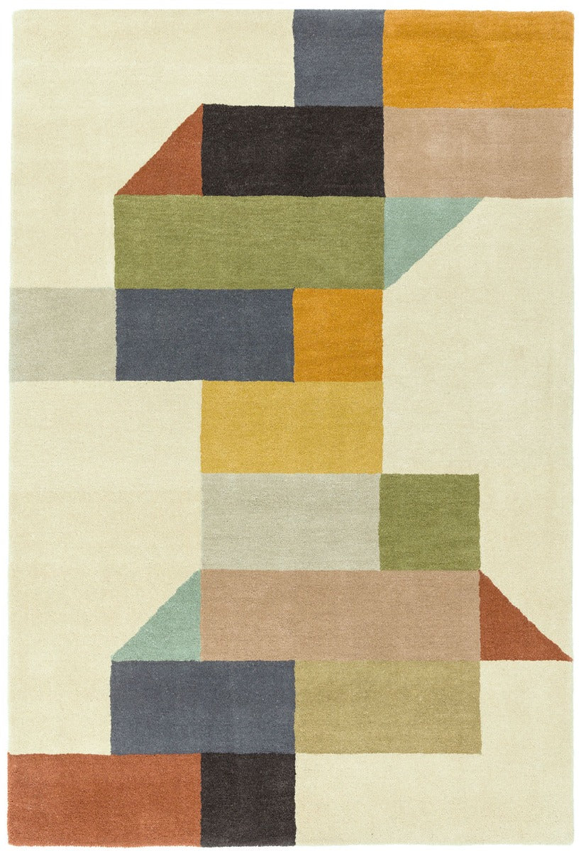multicolour geometric rug in mustard yellow, peach and blue