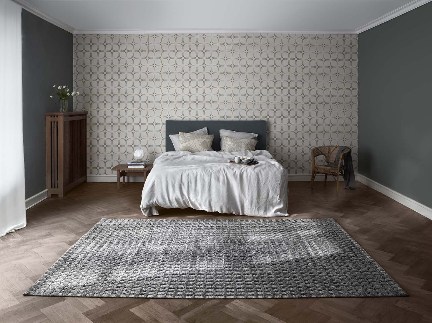 grey area rug with geometric pattern