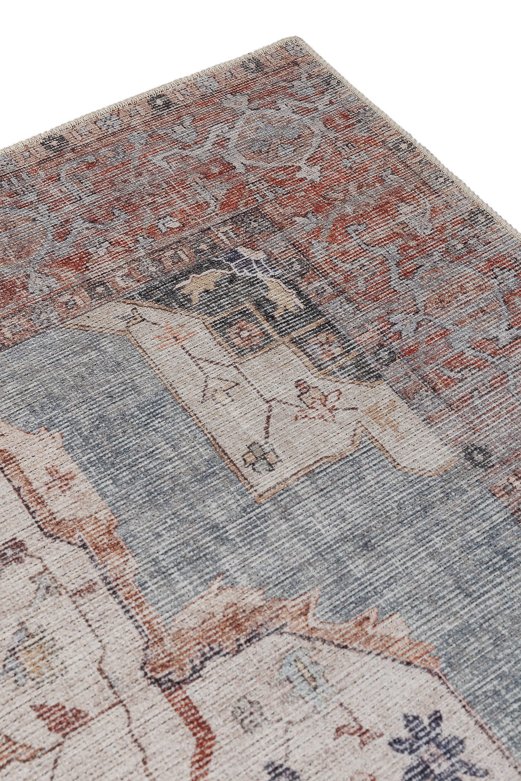 Bordered red and blue vintage style rug