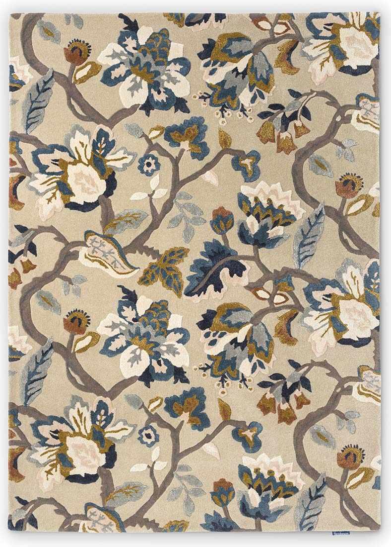 stone coloured wool and viscose rug with multicolour floral design