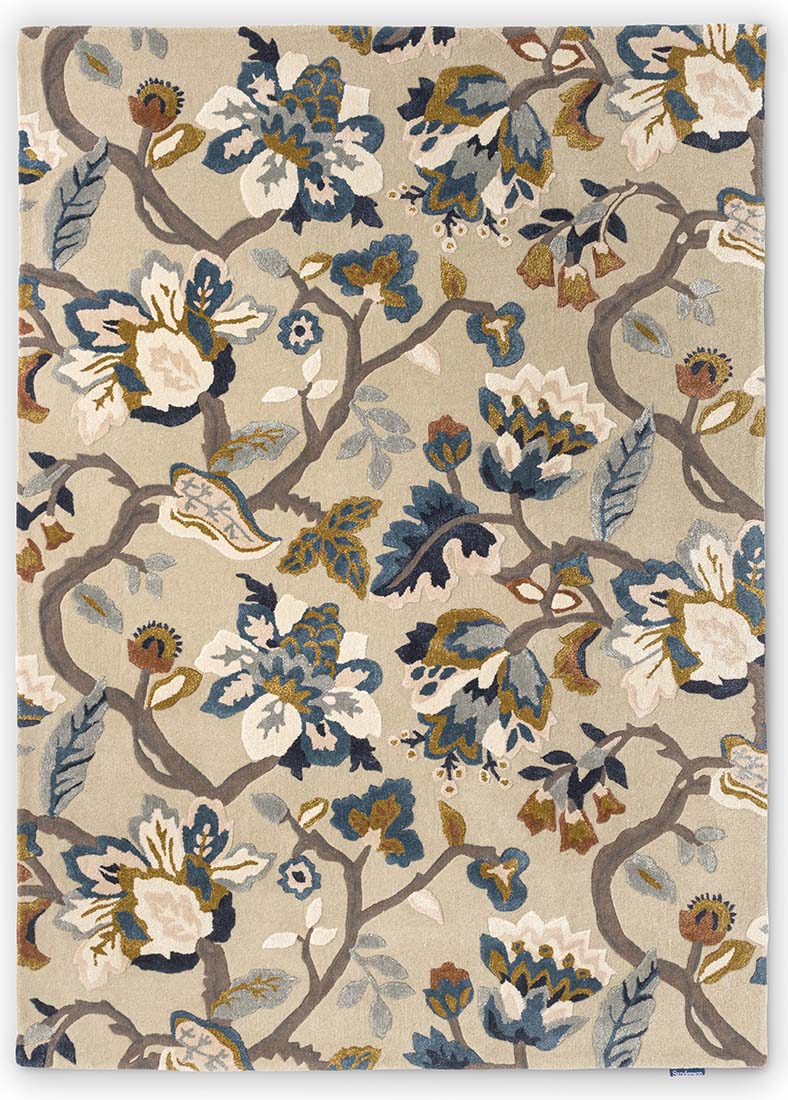stone coloured wool and viscose rug with multicolour floral design
