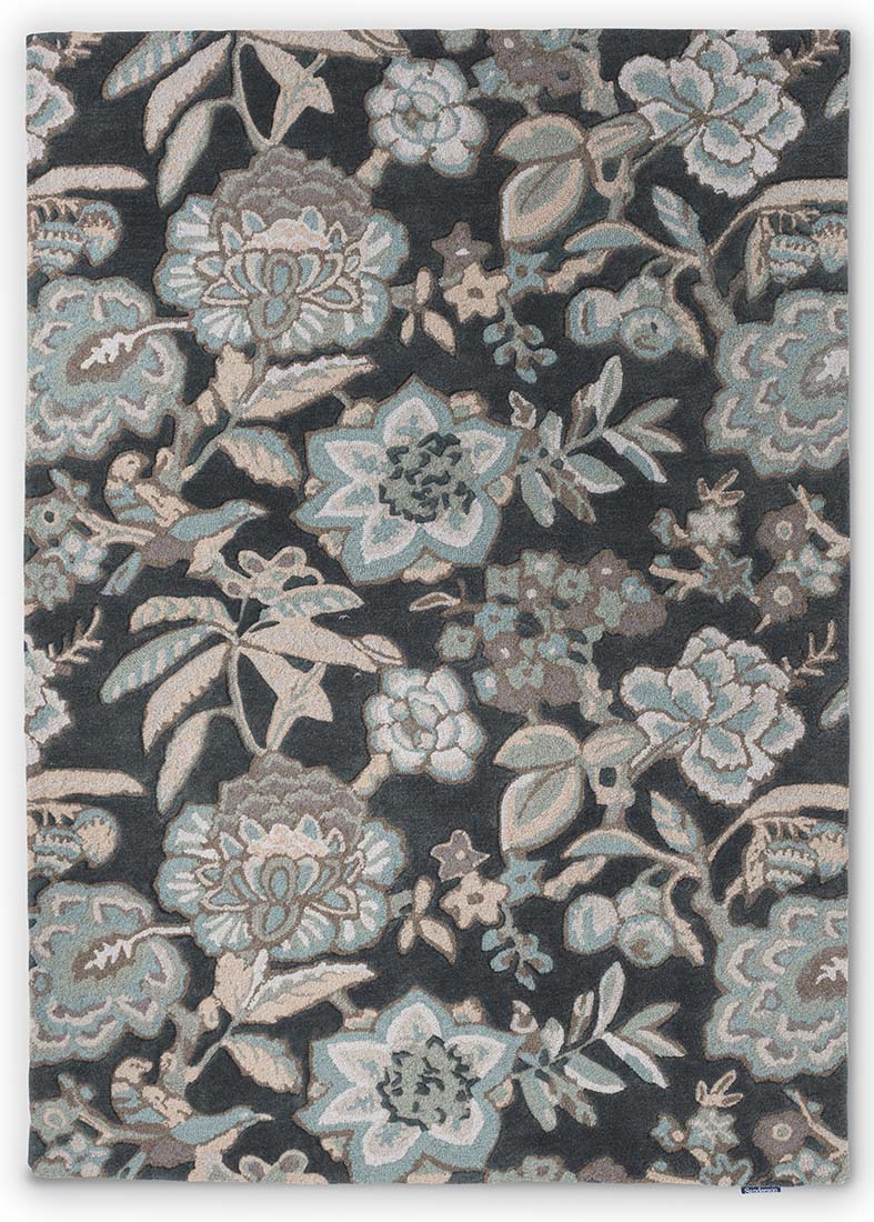 grey wool rug with allover floral print
