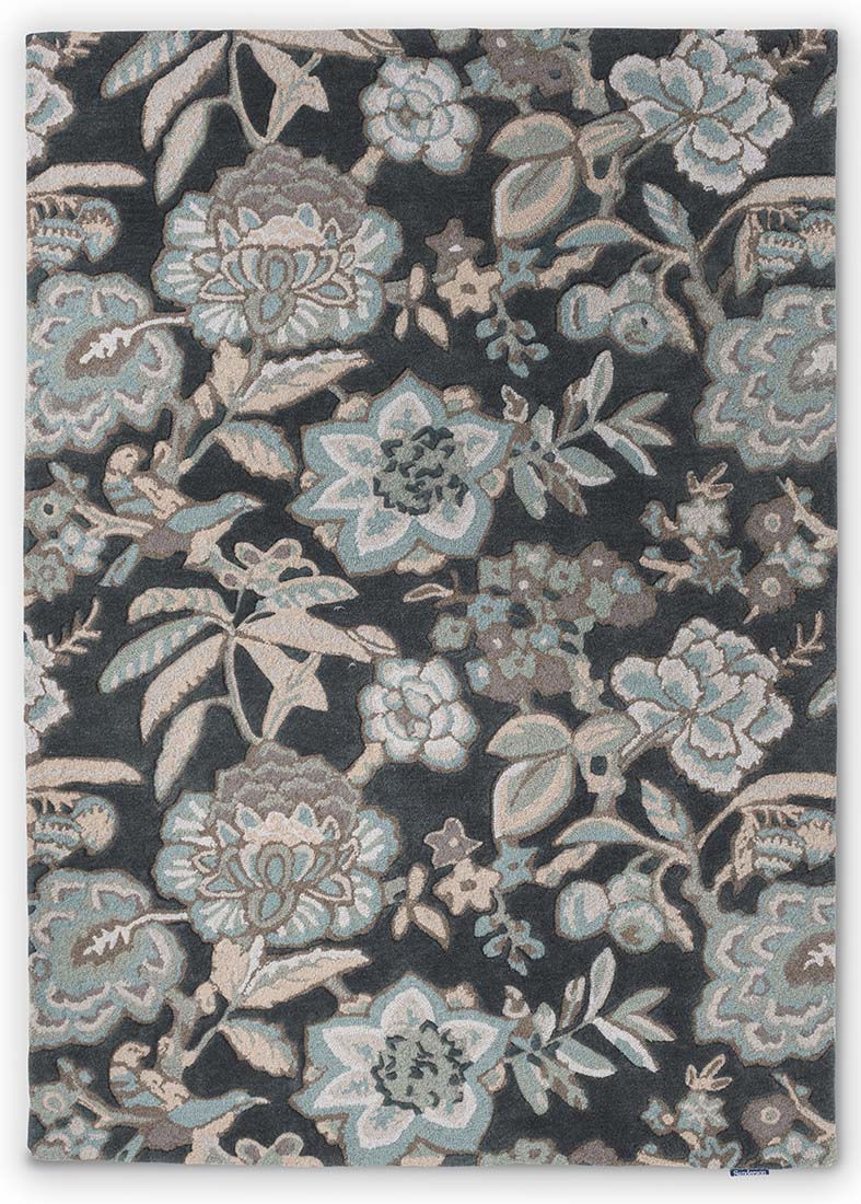 grey wool rug with allover floral print