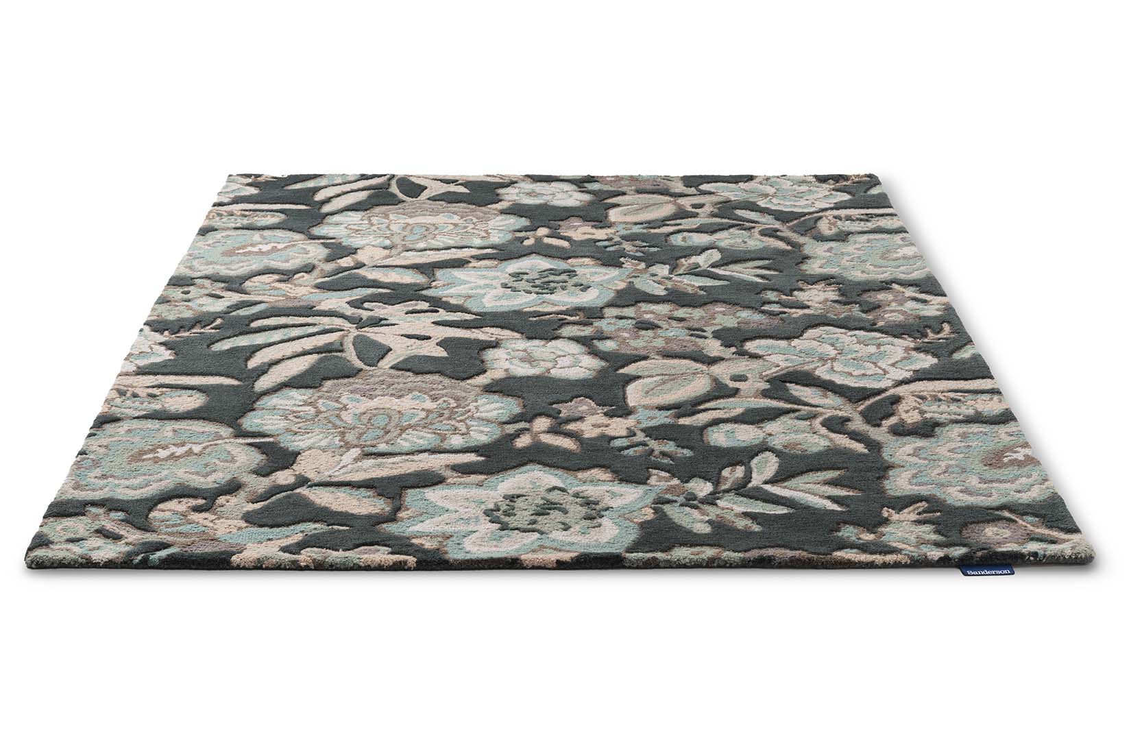 grey wool rug with allover floral print
