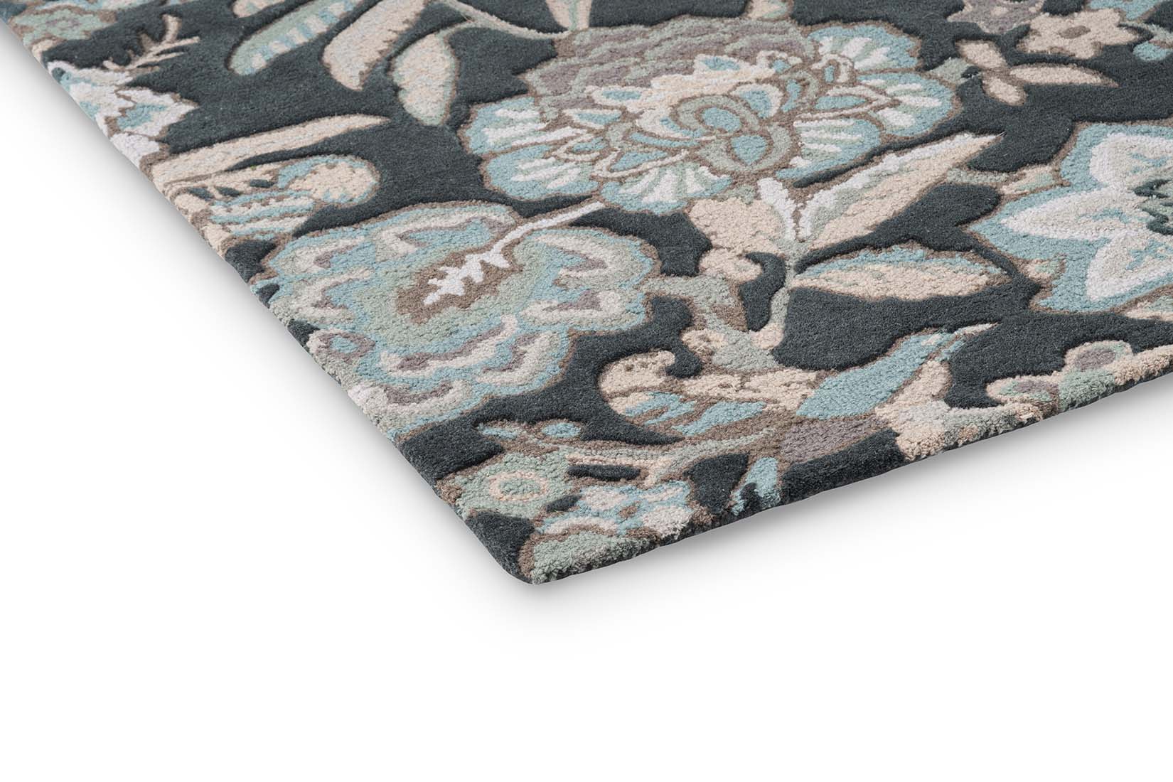 grey wool rug with allover floral print