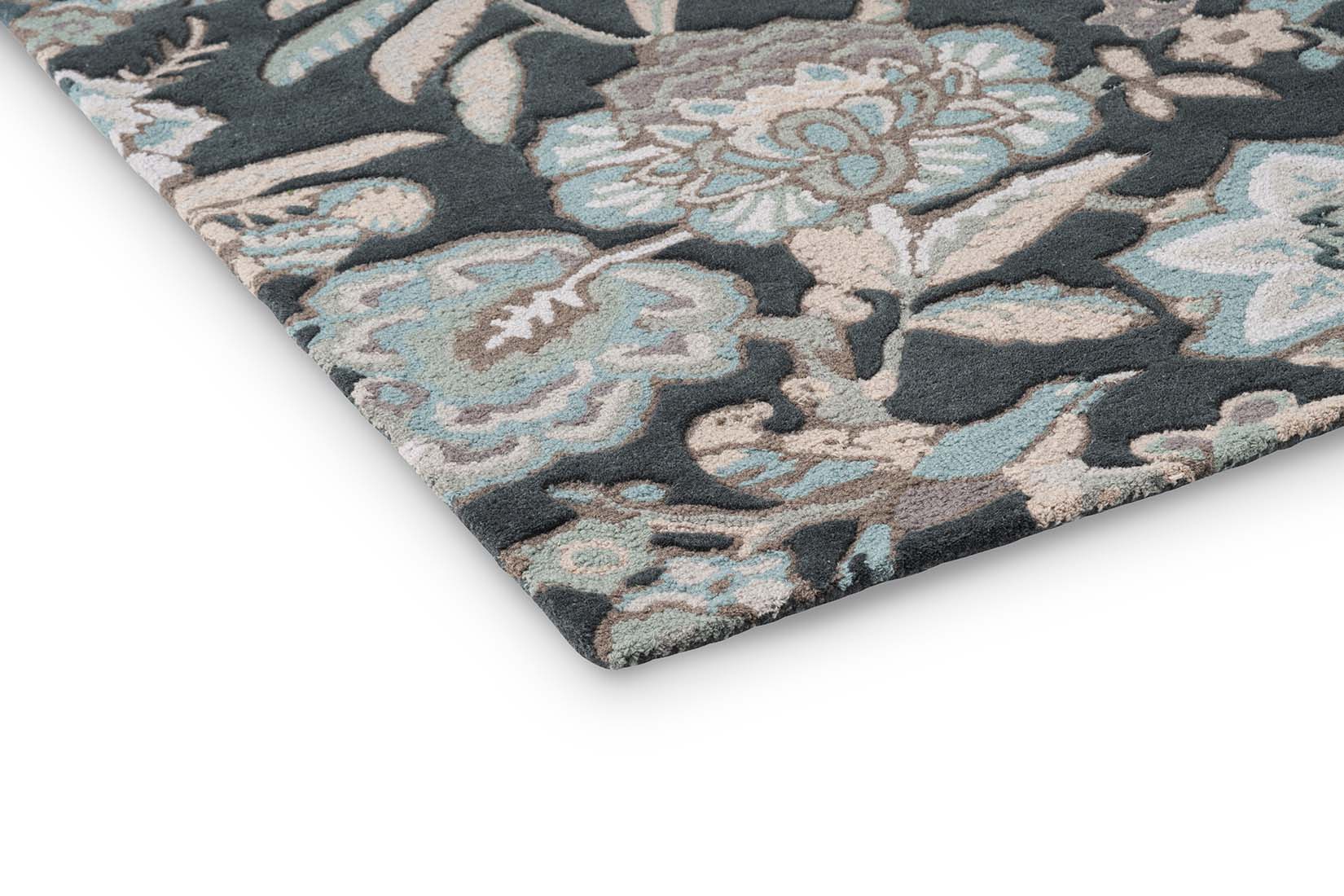 grey wool rug with allover floral print
