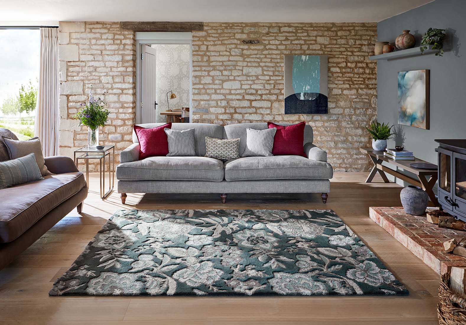 grey wool rug with allover floral print