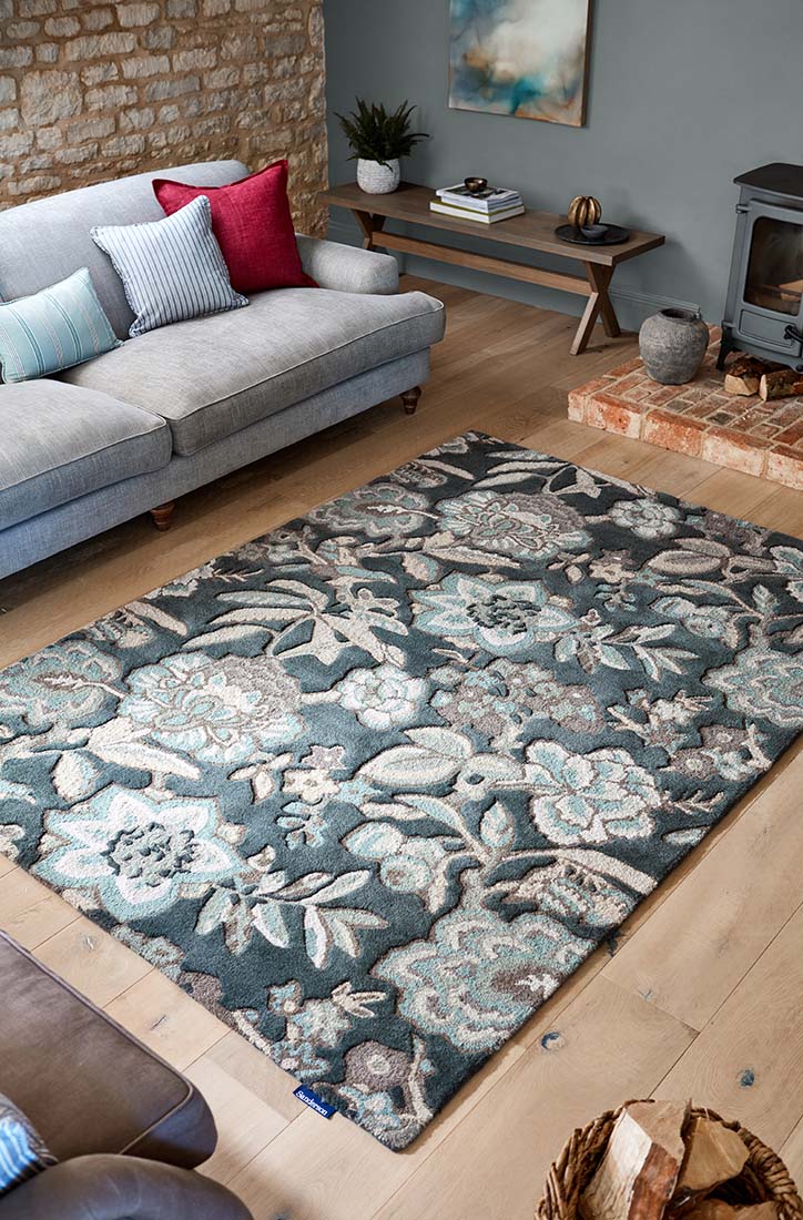 grey wool rug with allover floral print
