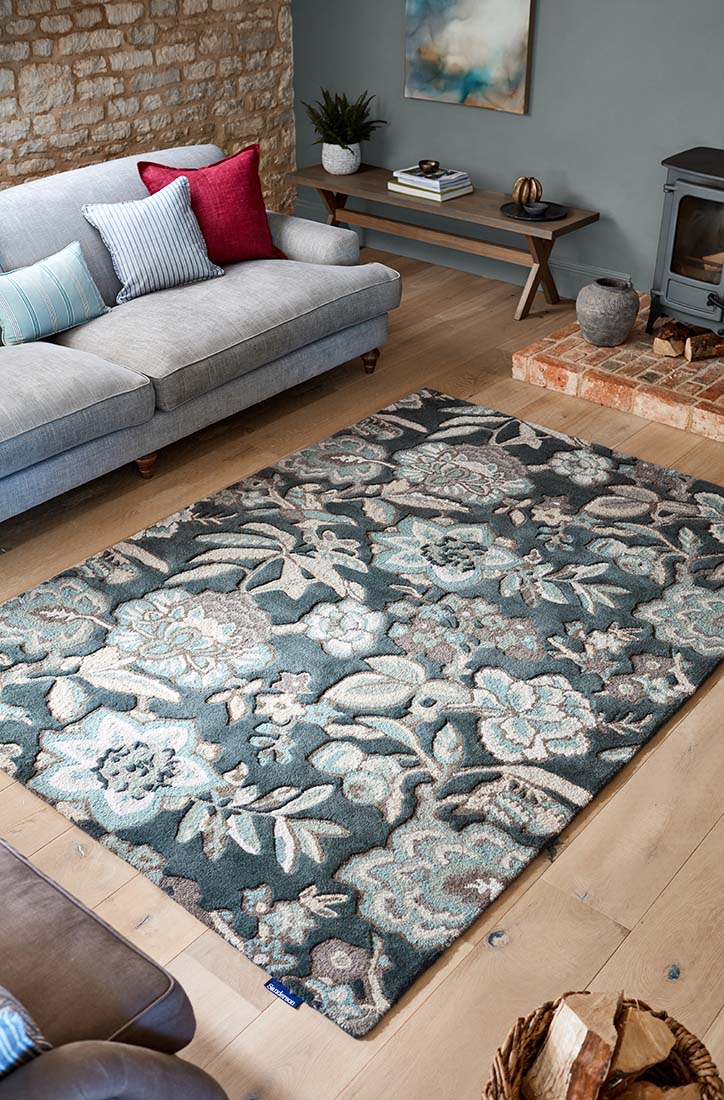 grey wool rug with allover floral print
