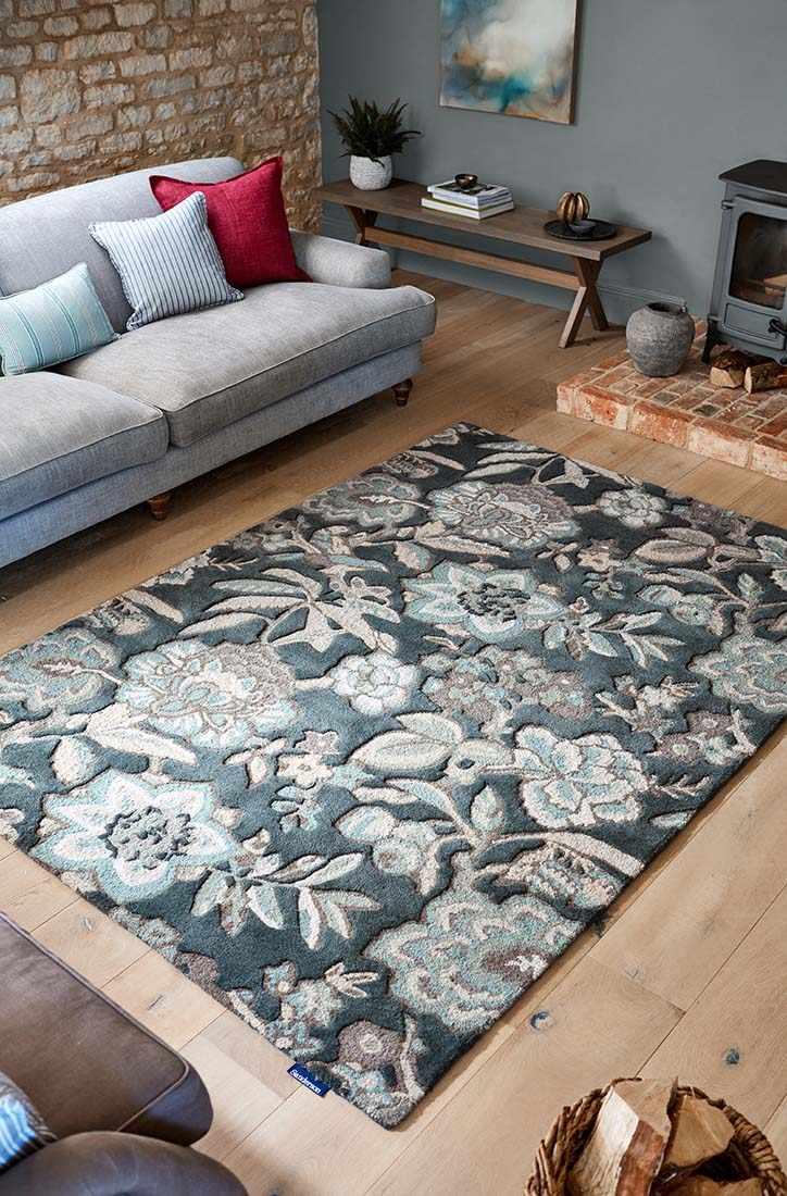 grey wool rug with allover floral print
