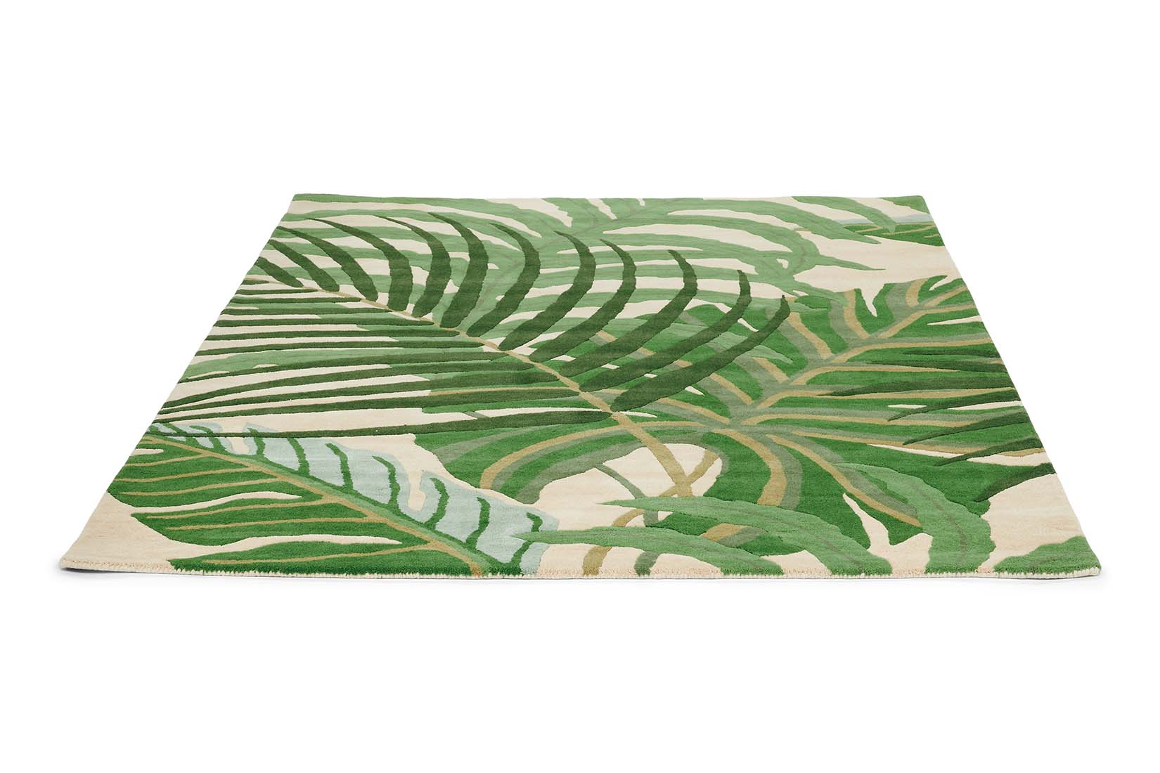 Cream floral rug with green palm design.
