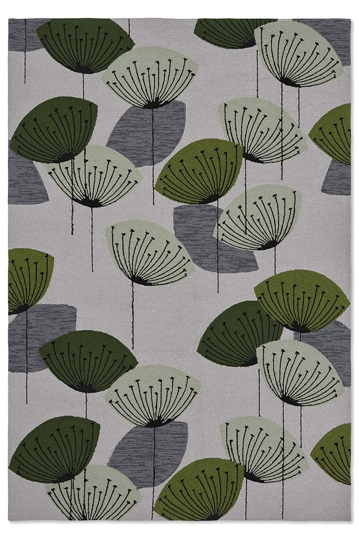 green and grey indoor/outdoor rug with dandelion pattern
