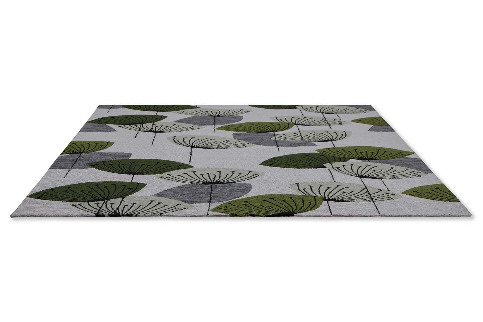 green and grey indoor/outdoor rug with dandelion pattern