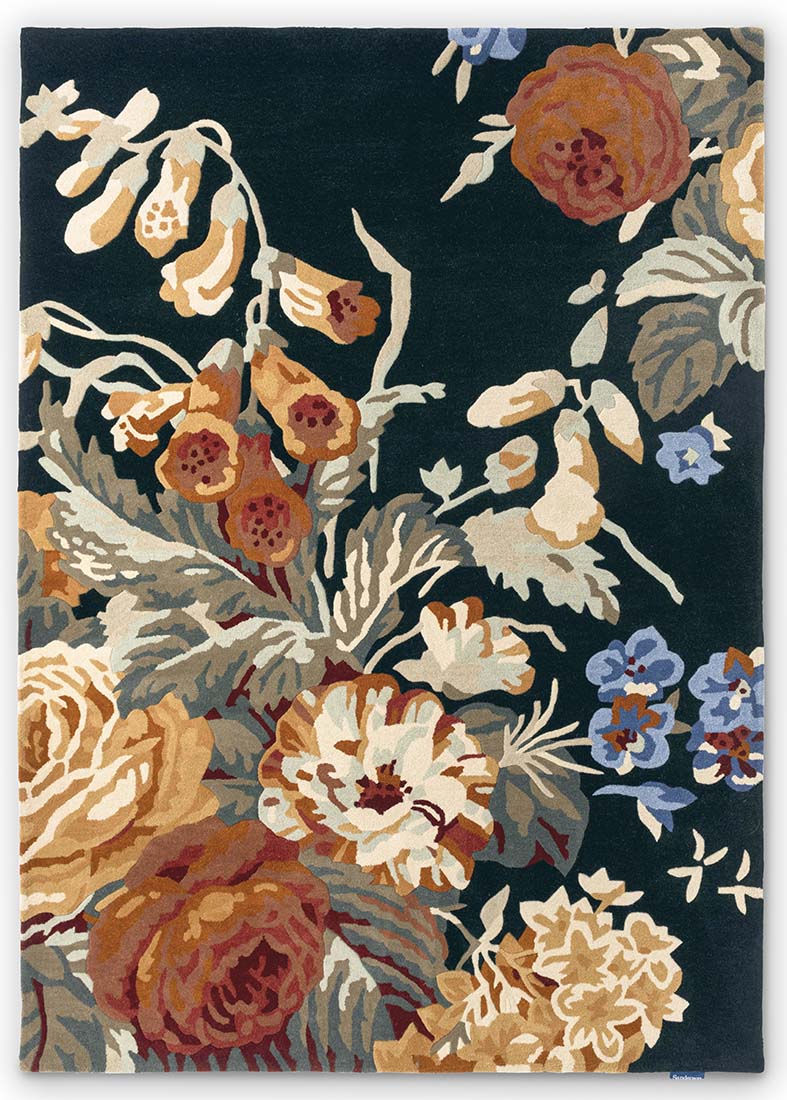navy wool rug with multicolour floral design