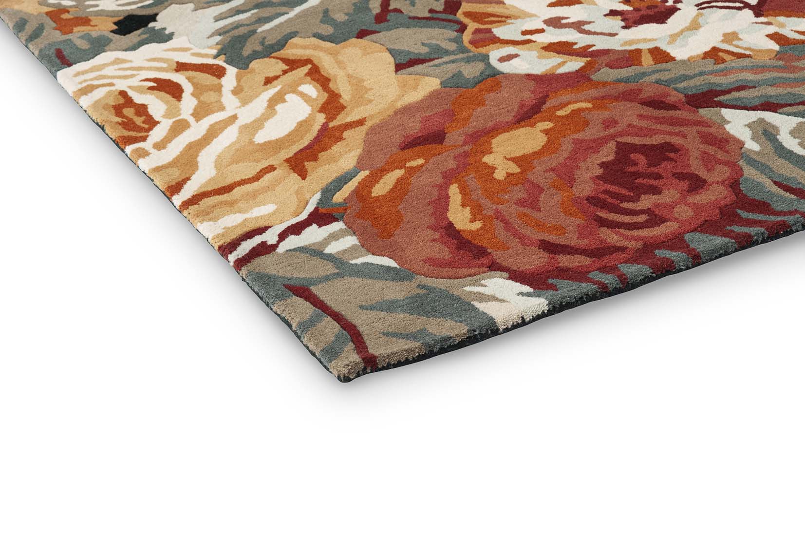 navy wool rug with multicolour floral design