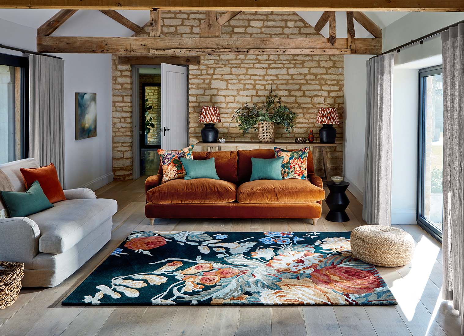 navy wool rug with multicolour floral design