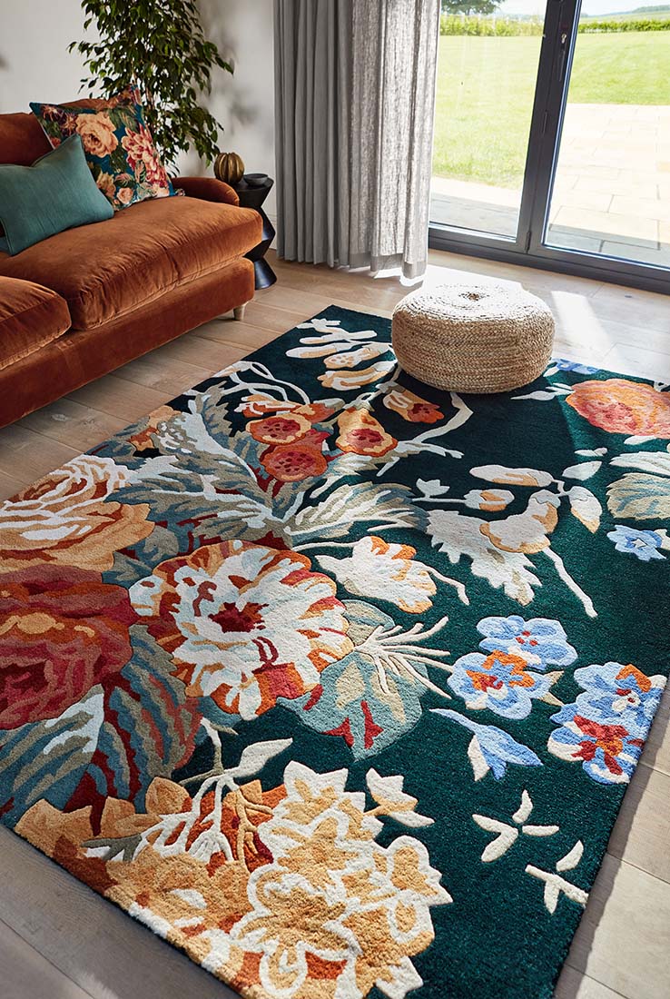navy wool rug with multicolour floral design