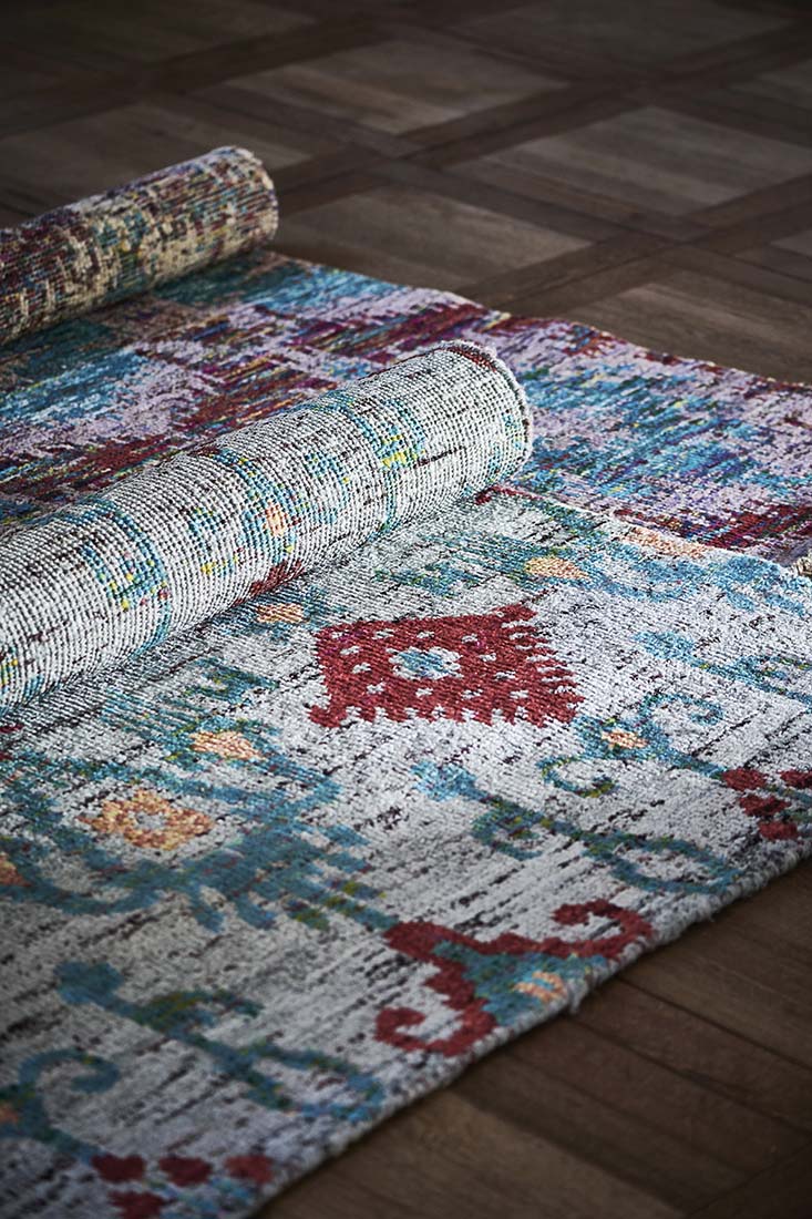 multicolour rug woven from recycled sari silks