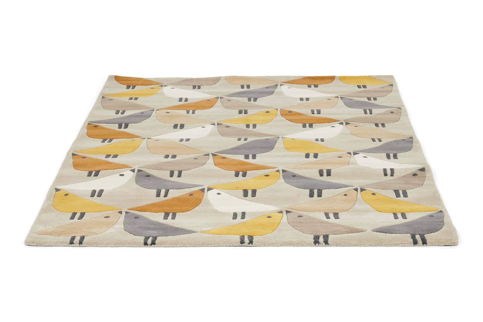 Beige rectangular rug decorated with a repeating bird pattern in brown, green, taupe and white
