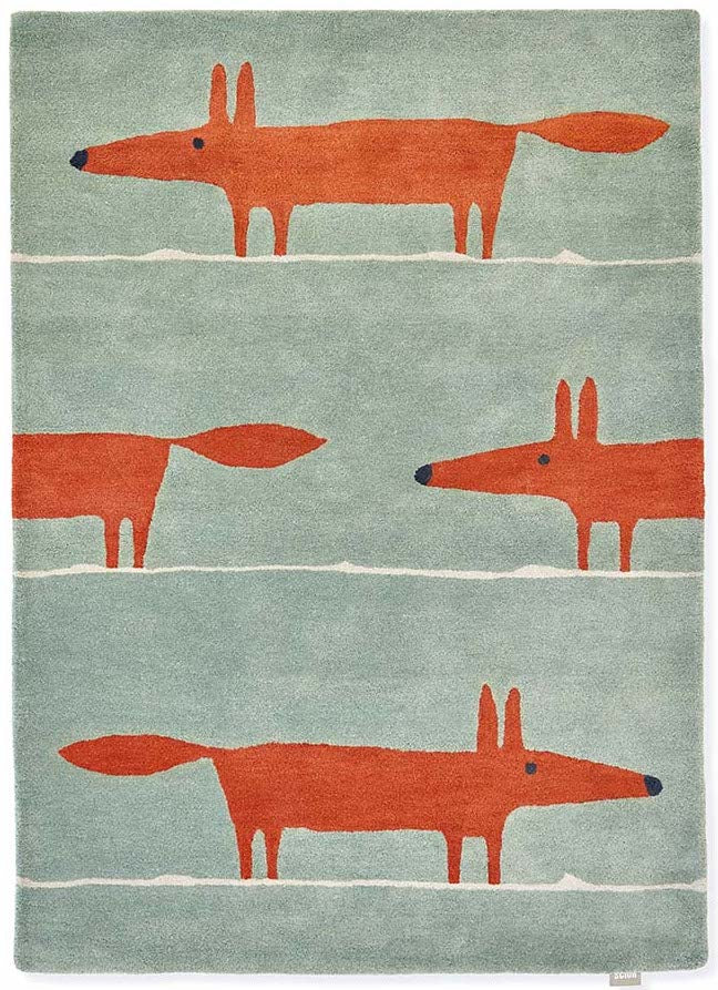red and blue rug with fox print
