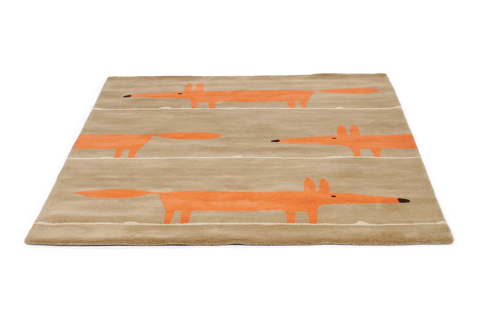 Pink rectangular rug decorated with white lines and a repeating grey fox pattern
