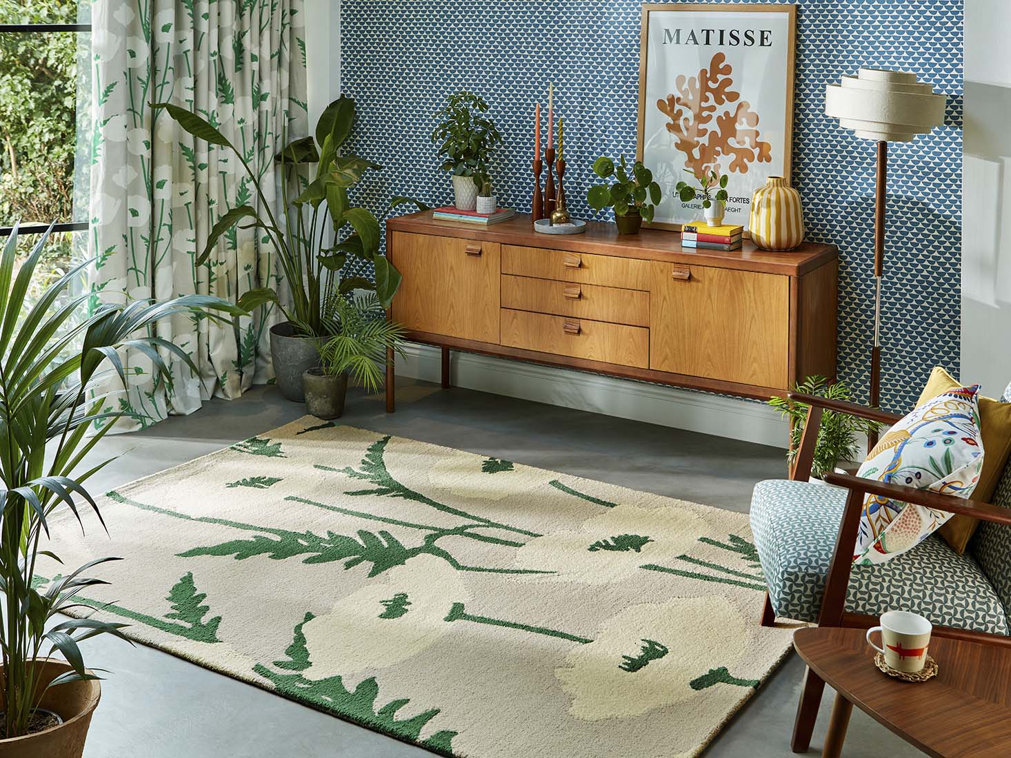 floral wool rug in green and cream
