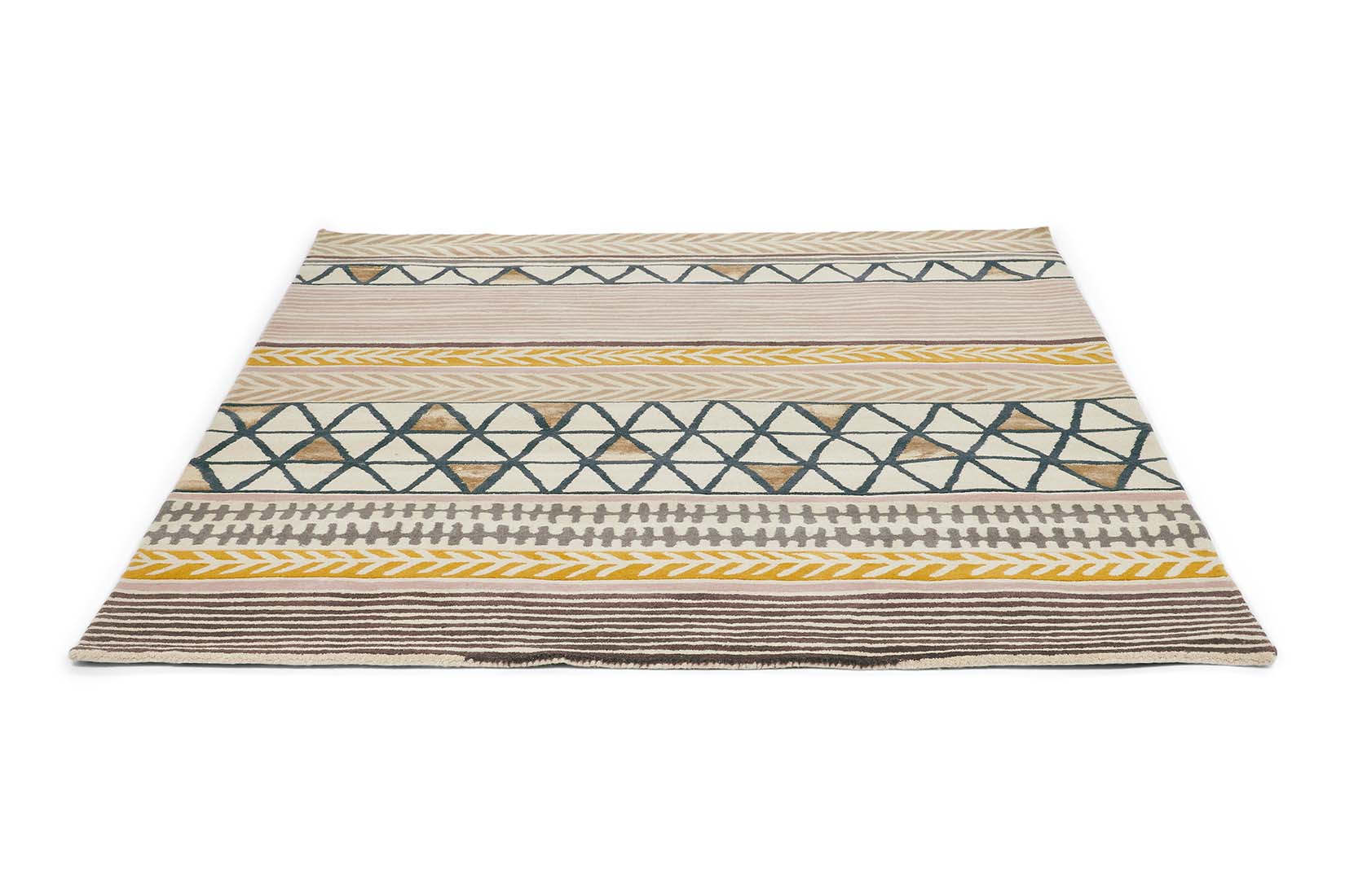 Quirky ethnic inspired pattern in yellow, taupe, cream and grey