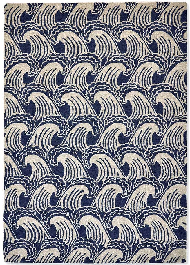 blue and beige rug with wave design