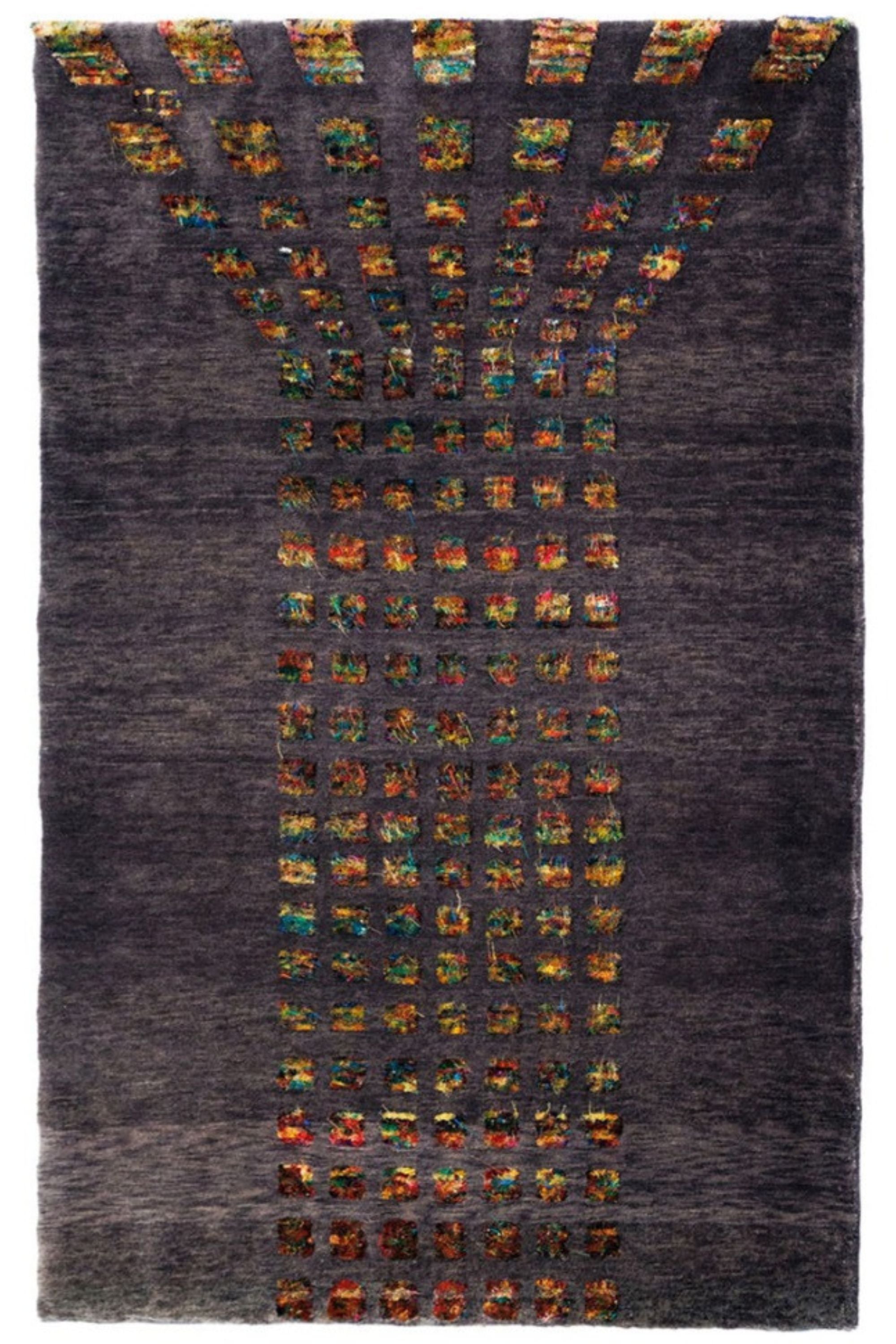 authentic silk grey oriental rug with multicoloured squares