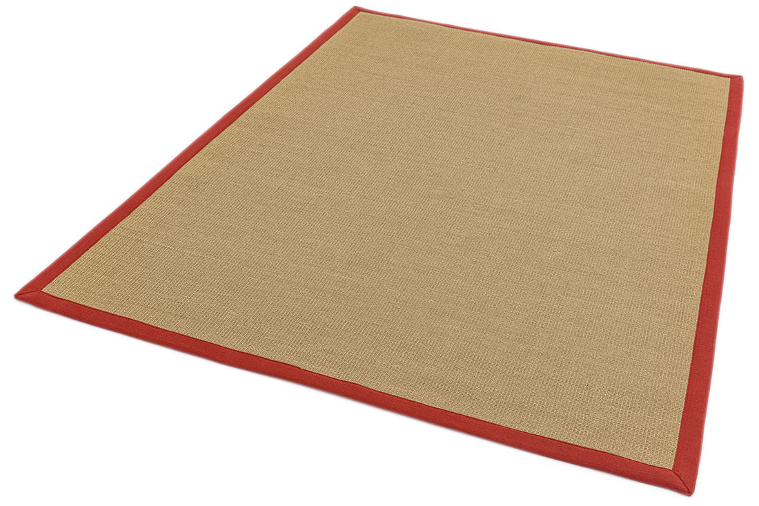 beige sisal rug with a red border