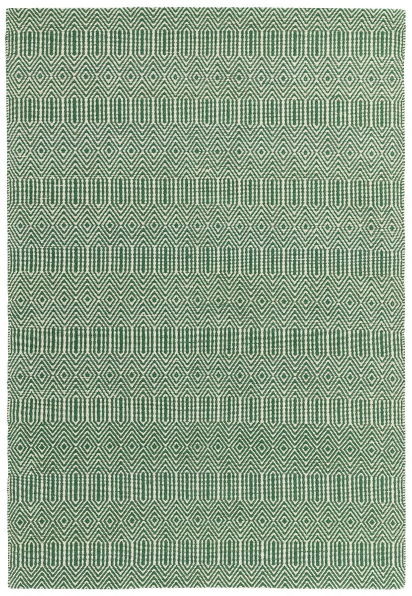 green and white rug with a geometric aztec design