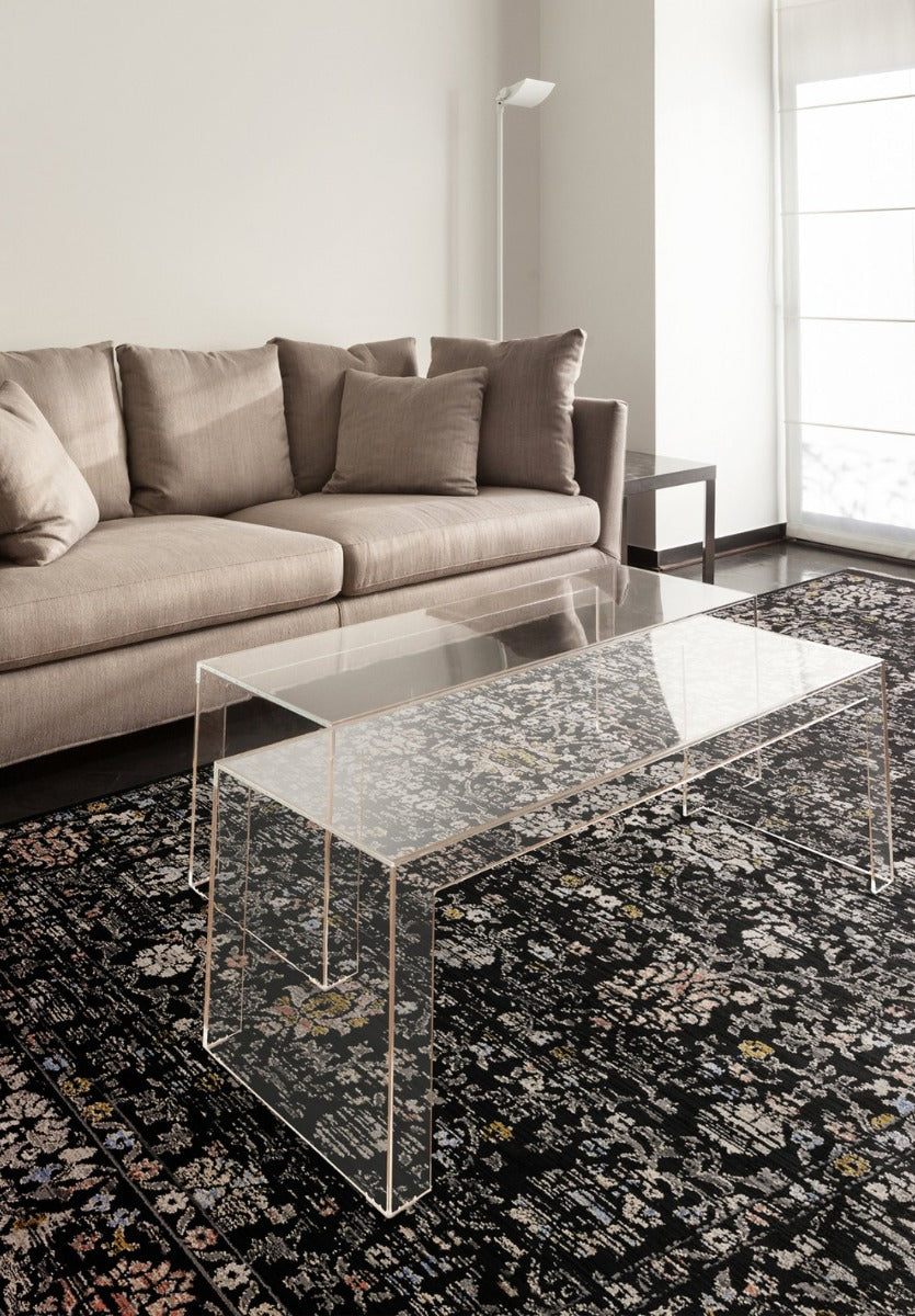 Vintage style rug in distressed black floral print