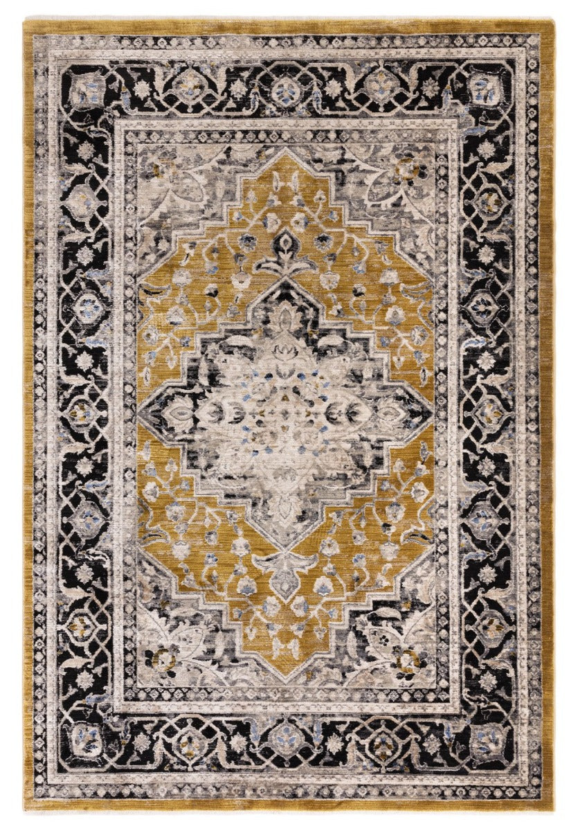 Vintage style distressed rug in hues of gold, beige and black 
