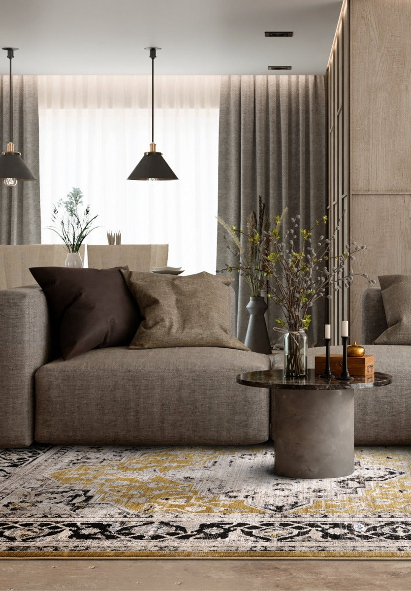 Vintage style distressed rug in hues of gold