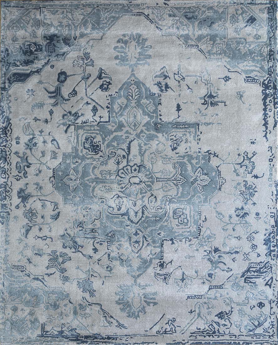 blue and grey persian inspired wool and viscose rug
