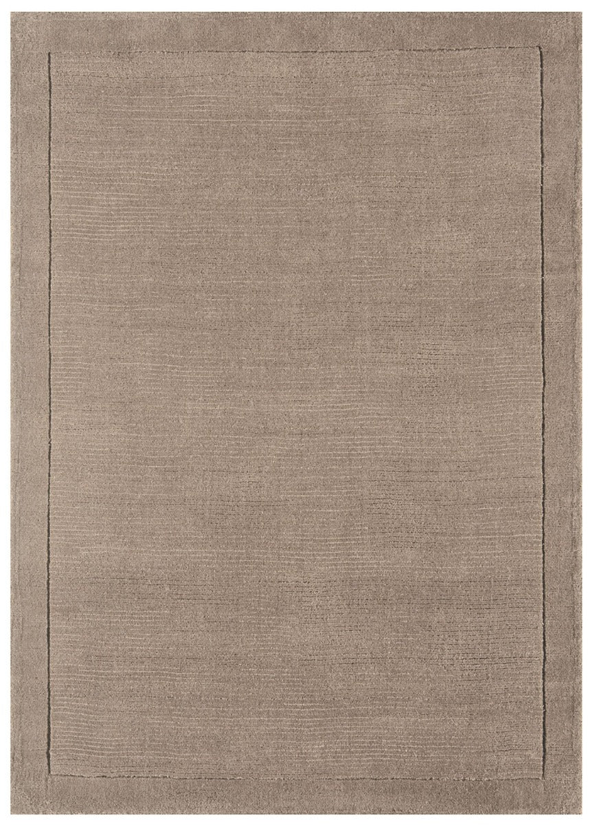 A taupe brown rectangle-shaped wool rug with thin border.