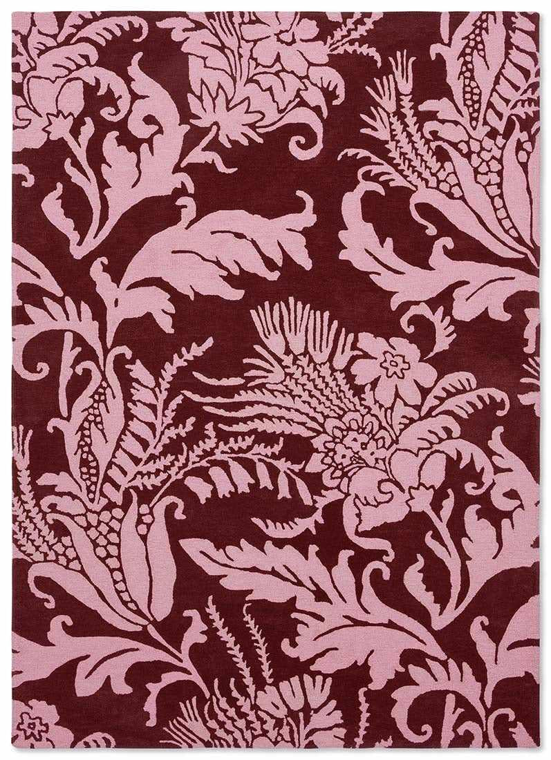 red wool rug with pink flowers