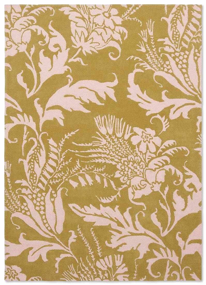 yellow wool rug with pink flowers