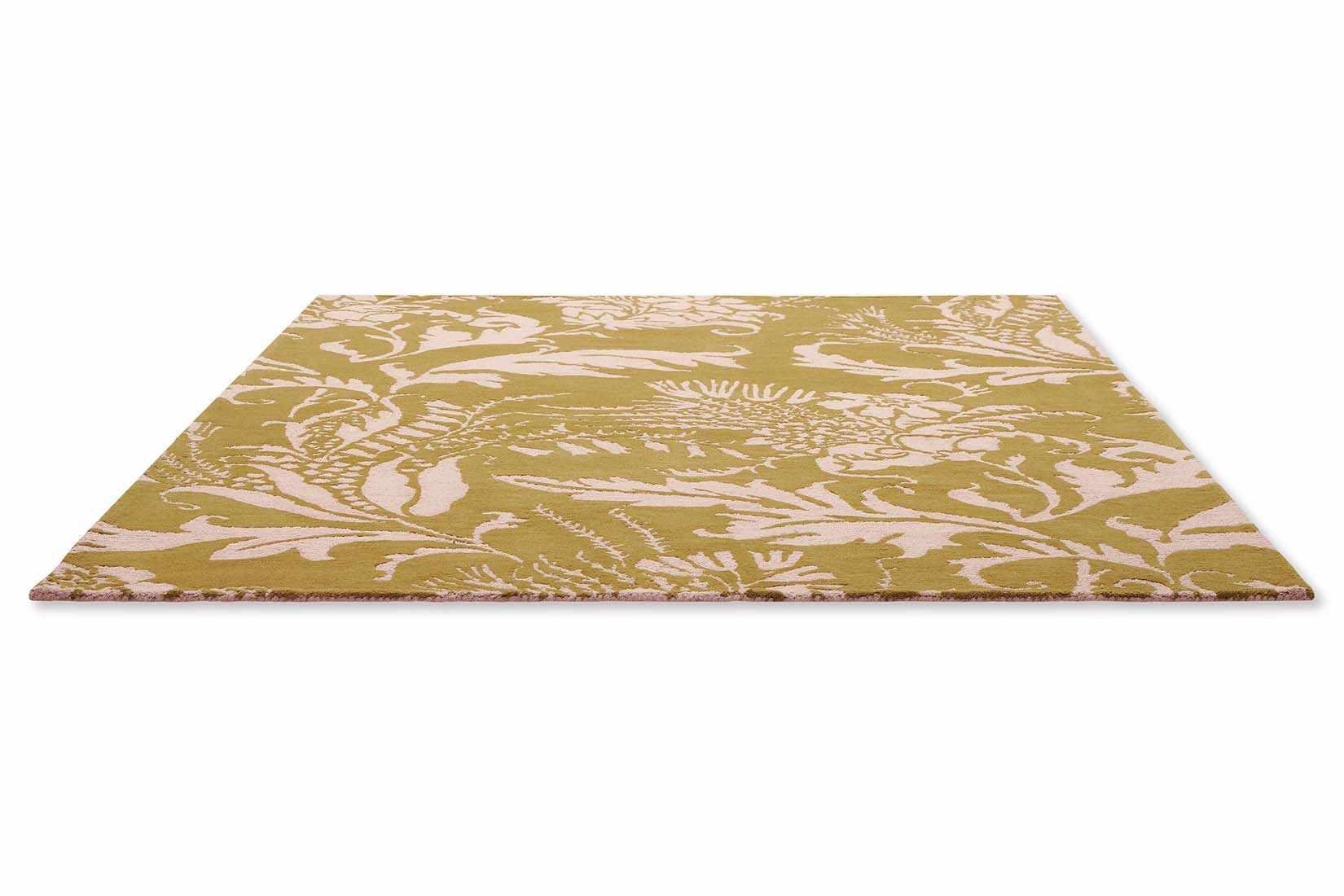 yellow wool rug with pink flowers