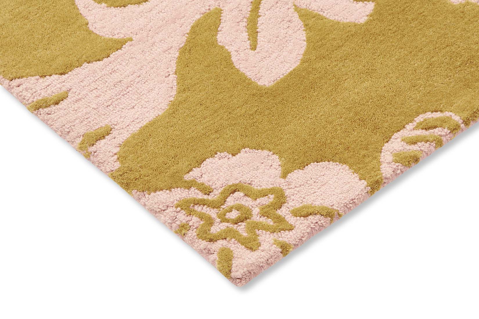 yellow wool rug with pink flowers
