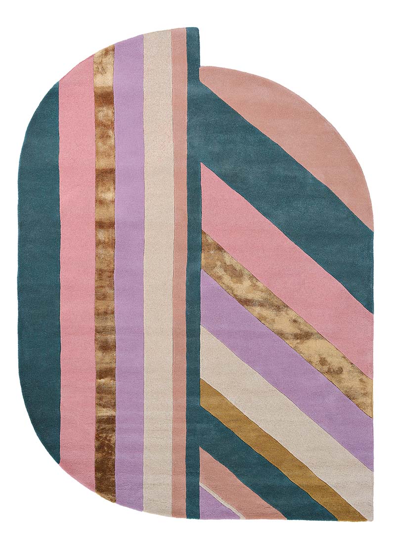 Striped pink, teal and gold rug in an abstract shape