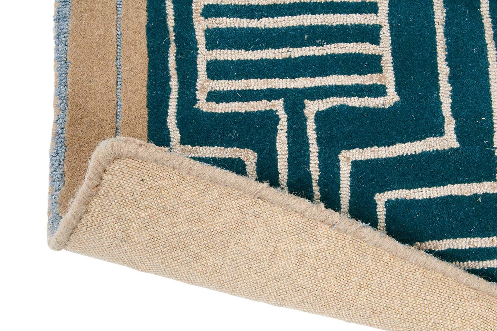 Rectangular green rug with beige border and grey art deco pattern