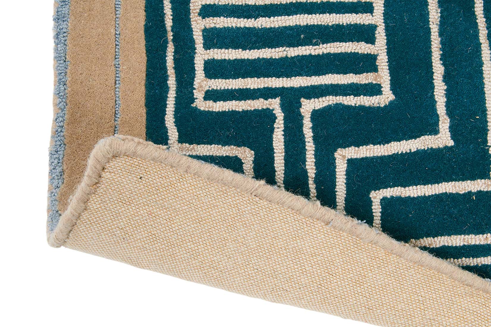 Rectangular green rug with beige border and grey art deco pattern