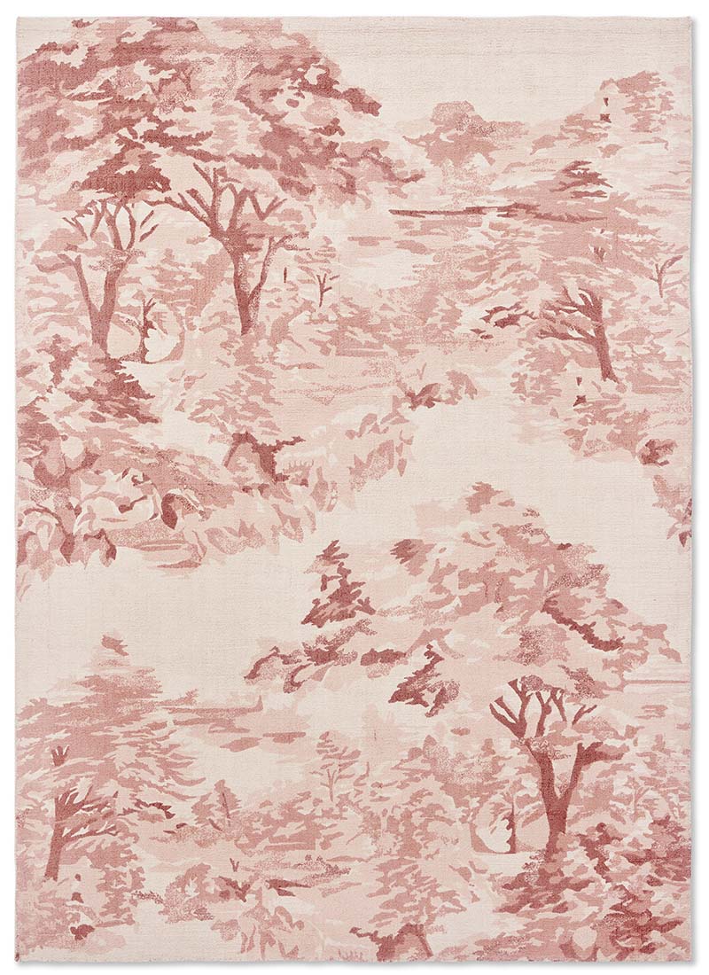 cream cotton rug with tree pattern in pink 
