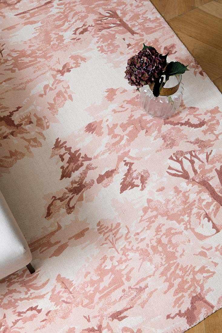cream cotton rug with tree pattern in pink