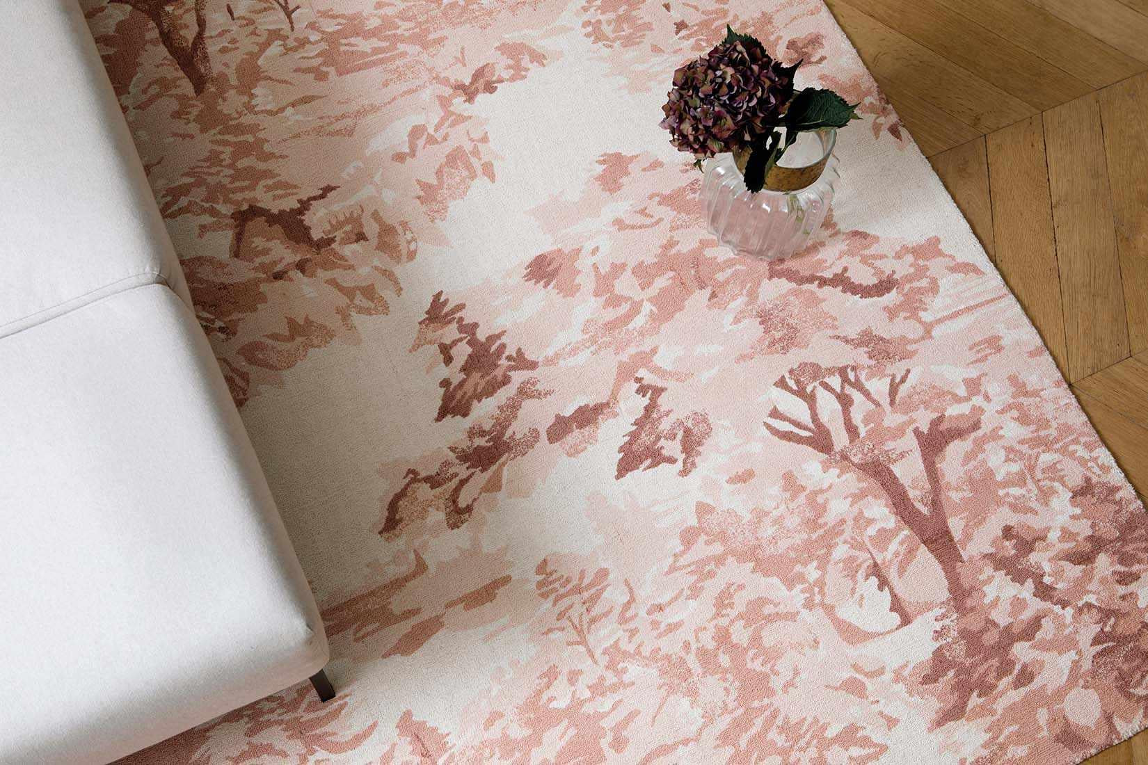 cream cotton rug with tree pattern in pink