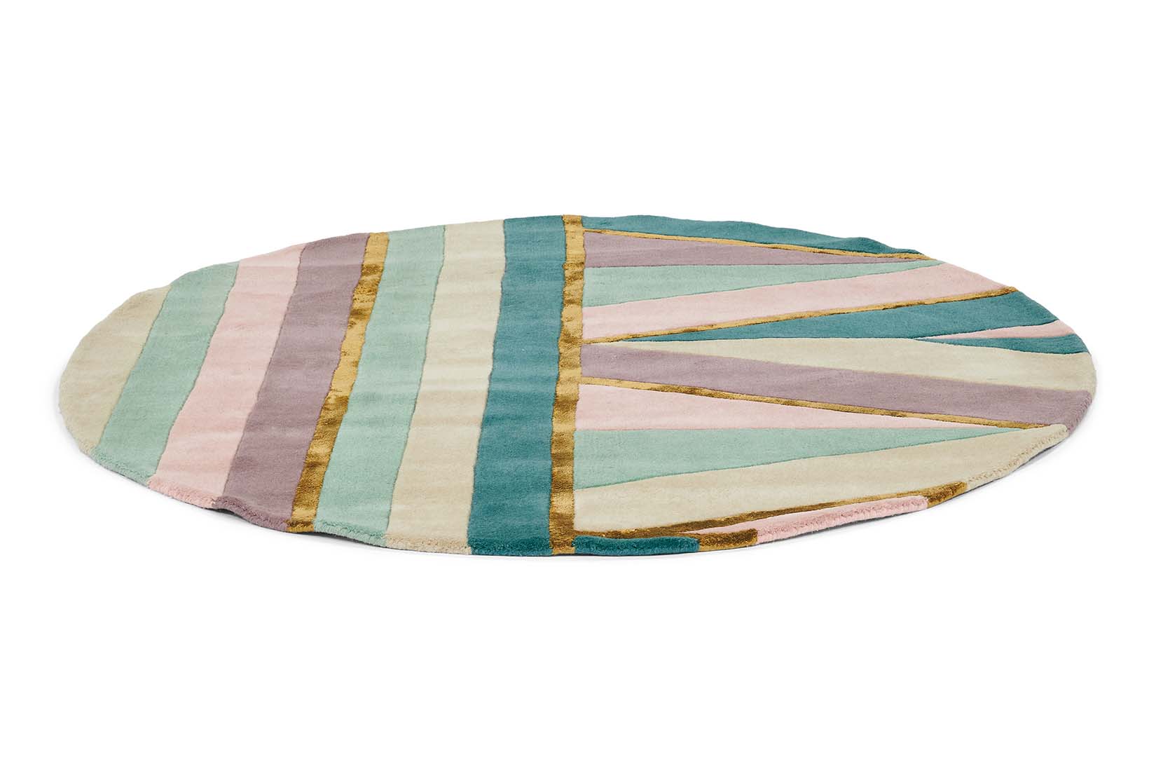 Round rug with geometric stripe pattern in green