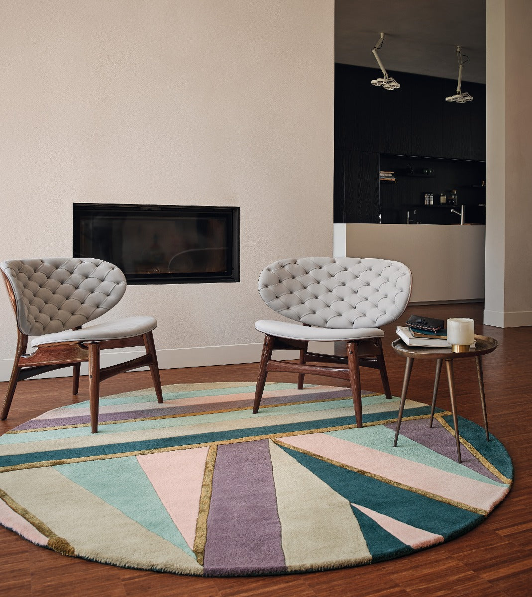 Modern rug with geometric stripe pattern in green, teal, grey and purple. Gold details.