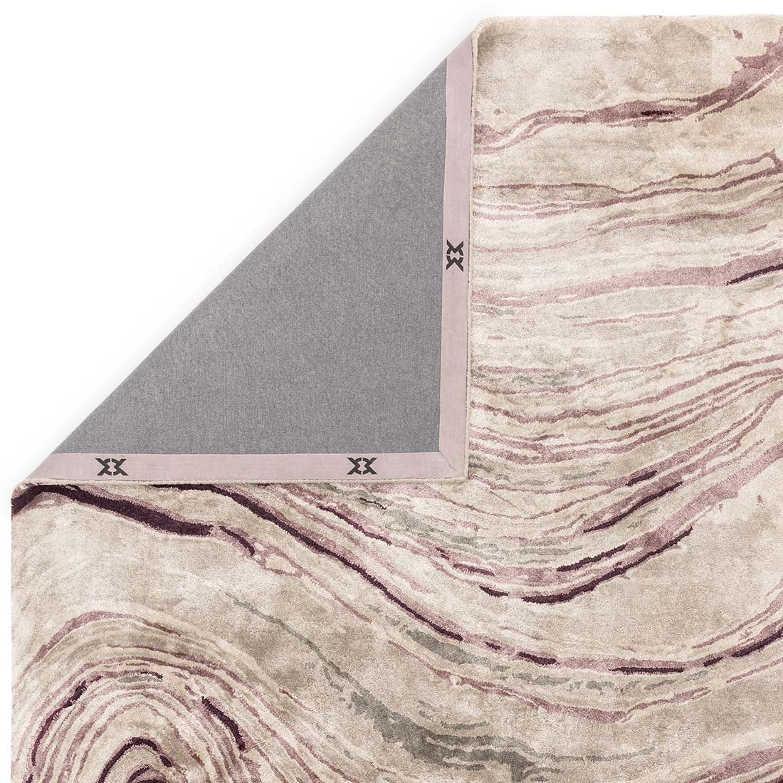 shiny purple and beige handtufted abstract rug in a marble design